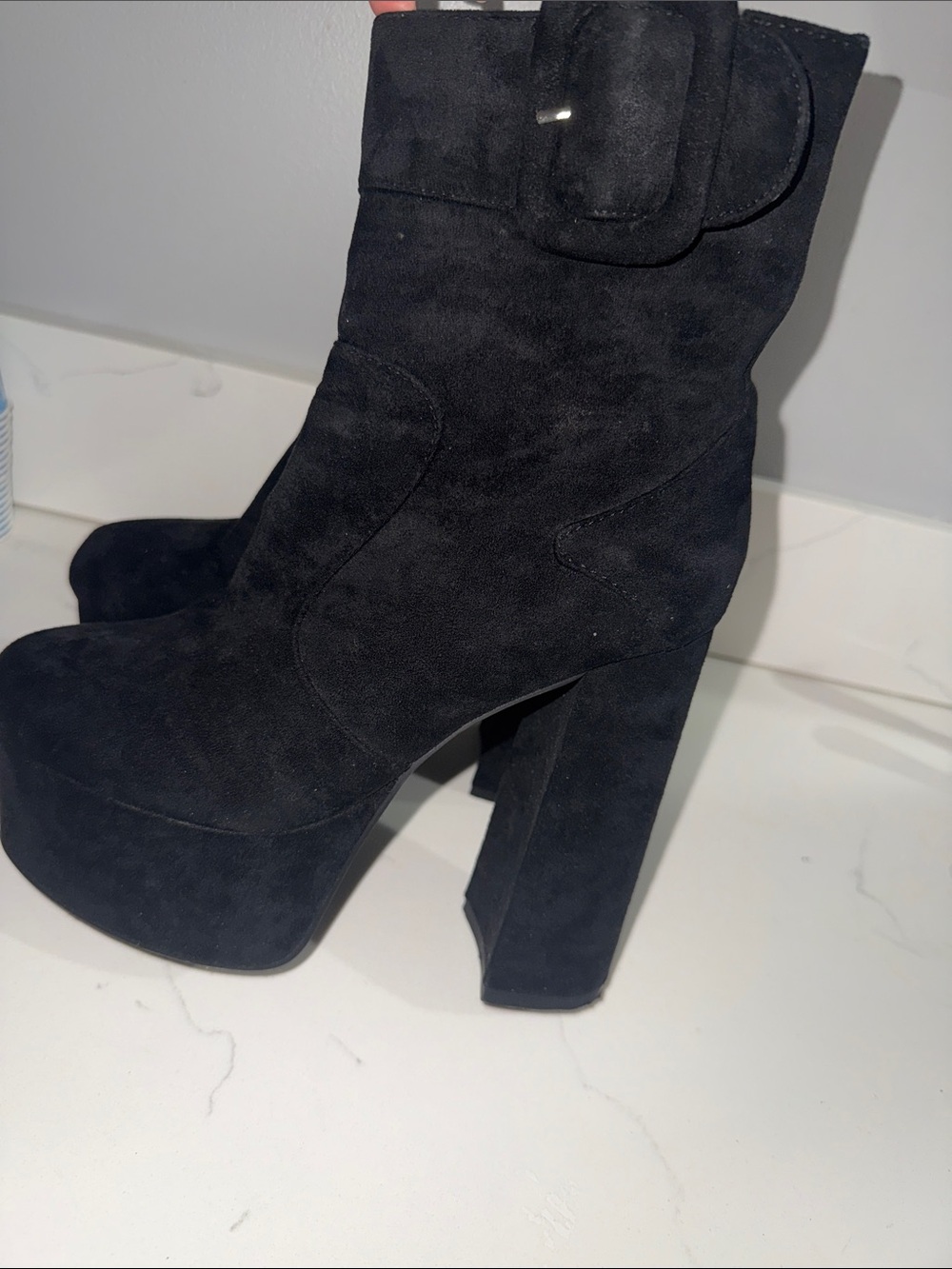 Women's Black Suede Platform Ankle Boots with High Block Heel